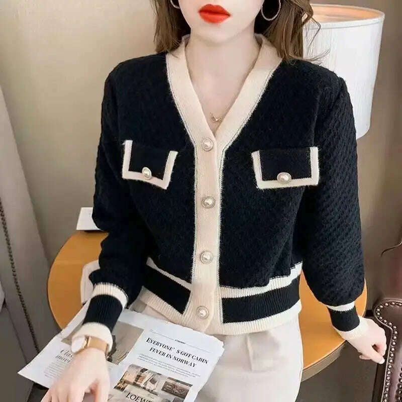 KIMLUD, Cardigan Sweater Women's 2024 Spring and Autumn New Style Small Fragrant V-neck Coat Short Western-style Bottom Shirt Top, Black / 3XL 72.5-80KG, KIMLUD APPAREL - Womens Clothes