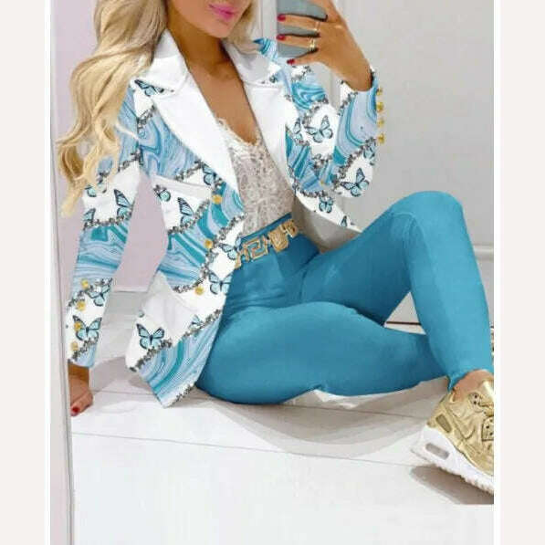Casual Stripe Print Suit Coat Pants Set Office Lady Fashion Elegant Long Sleeve Top Trousers Two Piece Set Women Outfit 2023 - KIMLUD