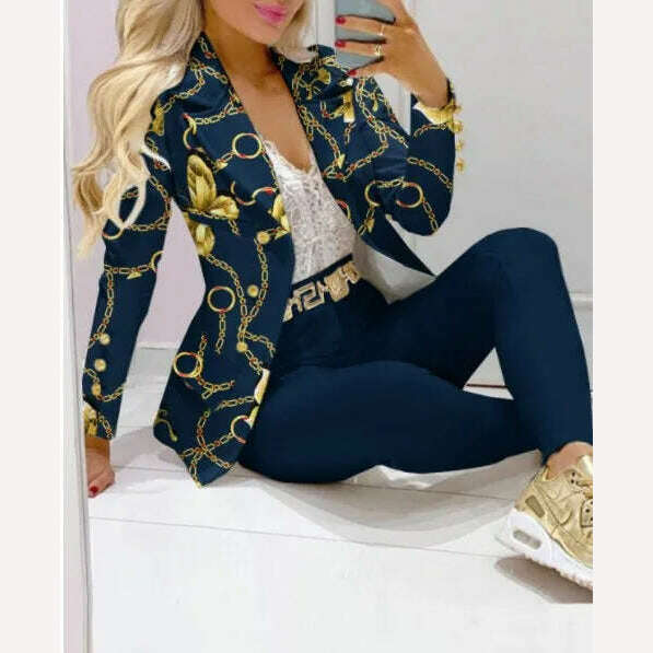 Casual Stripe Print Suit Coat Pants Set Office Lady Fashion Elegant Long Sleeve Top Trousers Two Piece Set Women Outfit 2023 - KIMLUD