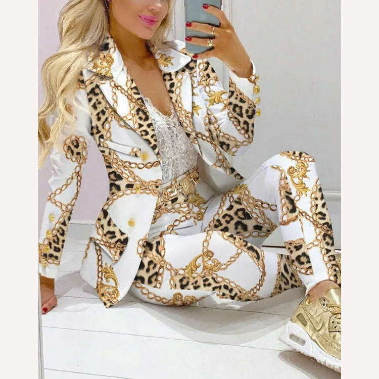Casual Stripe Print Suit Coat Pants Set Office Lady Fashion Elegant Long Sleeve Top Trousers Two Piece Set Women Outfit 2023 - KIMLUD