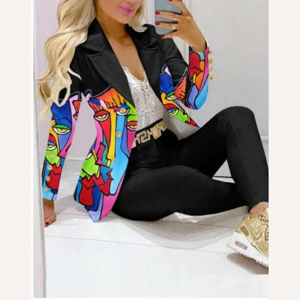 Casual Stripe Print Suit Coat Pants Set Office Lady Fashion Elegant Long Sleeve Top Trousers Two Piece Set Women Outfit 2023 - KIMLUD