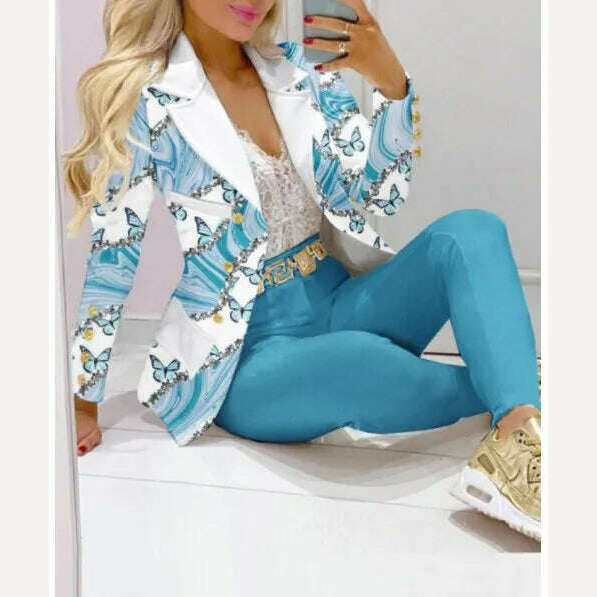 Casual Stripe Print Suit Coat Pants Set Office Lady Fashion Elegant Long Sleeve Top Trousers Two Piece Set Women Outfit 2023 - KIMLUD
