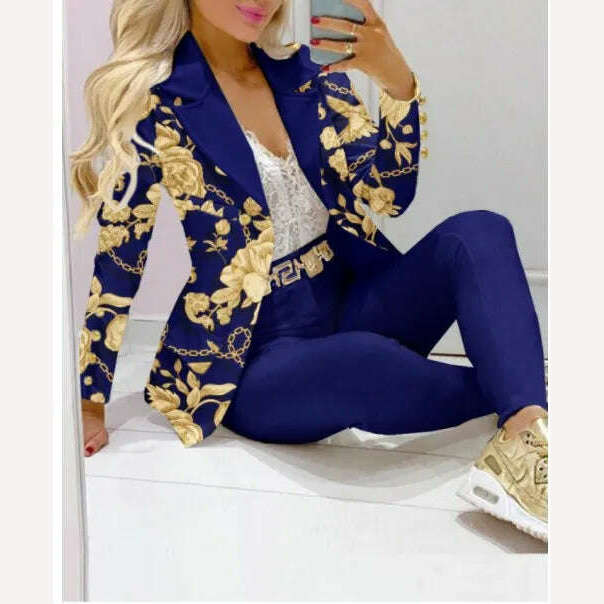 Casual Stripe Print Suit Coat Pants Set Office Lady Fashion Elegant Long Sleeve Top Trousers Two Piece Set Women Outfit 2023 - KIMLUD