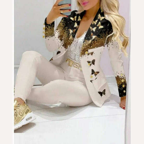 Casual Stripe Print Suit Coat Pants Set Office Lady Fashion Elegant Long Sleeve Top Trousers Two Piece Set Women Outfit 2023 - KIMLUD