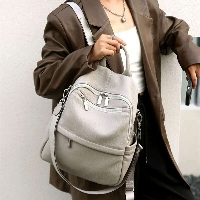 Causal Genuine Leather Backpack Women Double Shoulder First Layer Cow Leather Travel Bags Real Cowhide Ladies Leather Backpack - KIMLUD