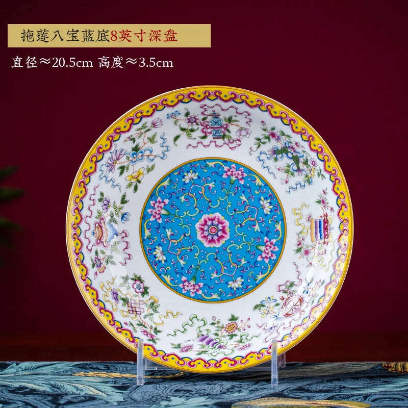 KIMLUD, Chinese Classical Enamel Ceramic Plate Antique Modern Bone China Deep Dishes Steak Pasta Dinner Plates Restaurant Serving Tray, K-20.5x3.5cm, KIMLUD Womens Clothes
