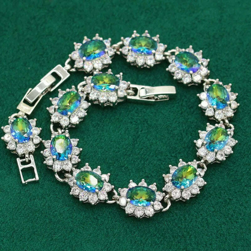 KIMLUD, Classic Rainbow Topaz 925 Sterling Silver Jewelry Sets For Women Bracelet Earrings Necklace pendant Ring Wedding Bride 4PCS, KIMLUD Womens Clothes