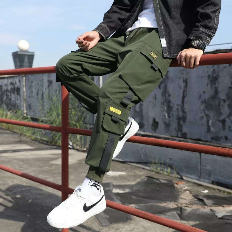 Classic Streetwear Casual Men Ribbons Harem Jogging Pants Male Slim Fit Spring Cargo Pants Multi-Pockets Women Trousers Jo - KIMLUD