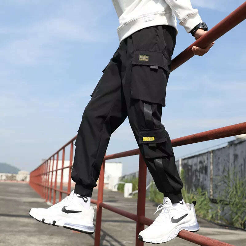 Classic Streetwear Casual Men Ribbons Harem Jogging Pants Male Slim Fit Spring Cargo Pants Multi-Pockets Women Trousers Jo - KIMLUD
