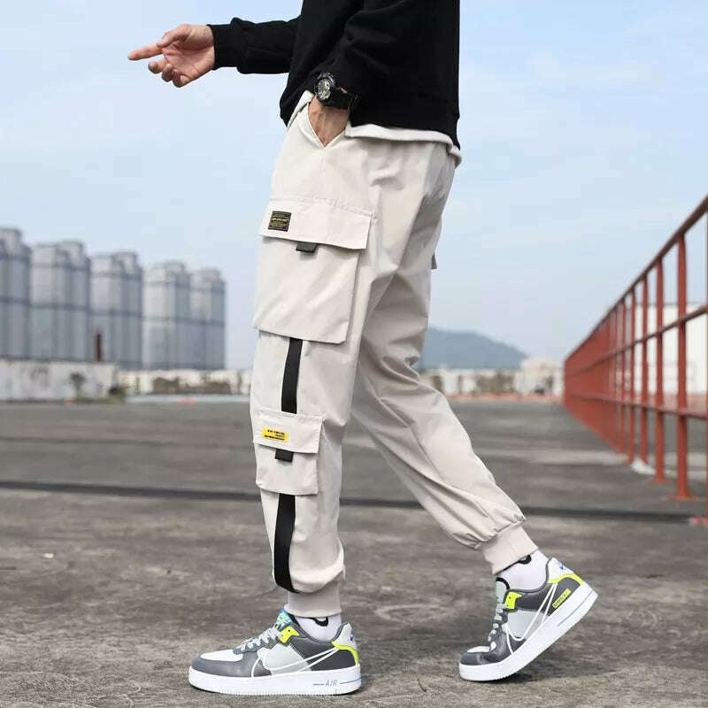 Classic Streetwear Casual Men Ribbons Harem Jogging Pants Male Slim Fit Spring Cargo Pants Multi-Pockets Women Trousers Jo - KIMLUD