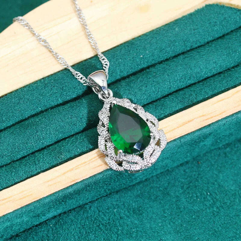KIMLUD, Classics Green Zircon 925 Silver Jewelry Sets for Women Wedding Bracelet Earrings Necklace Pendant Ring Dating Gifts, KIMLUD Womens Clothes