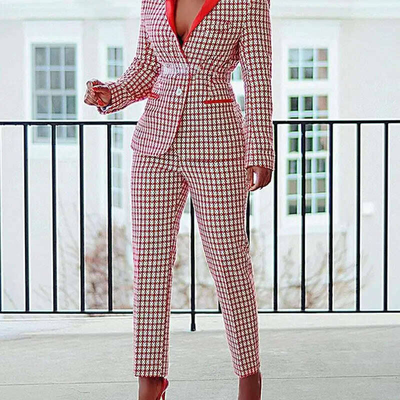 CM.YAYA Elegant Houndstooth Blazer Suit and Pants Two 2Piece Set for Women 2023 Autumn Winter Classic OL Street Outfit Tracksuit - KIMLUD