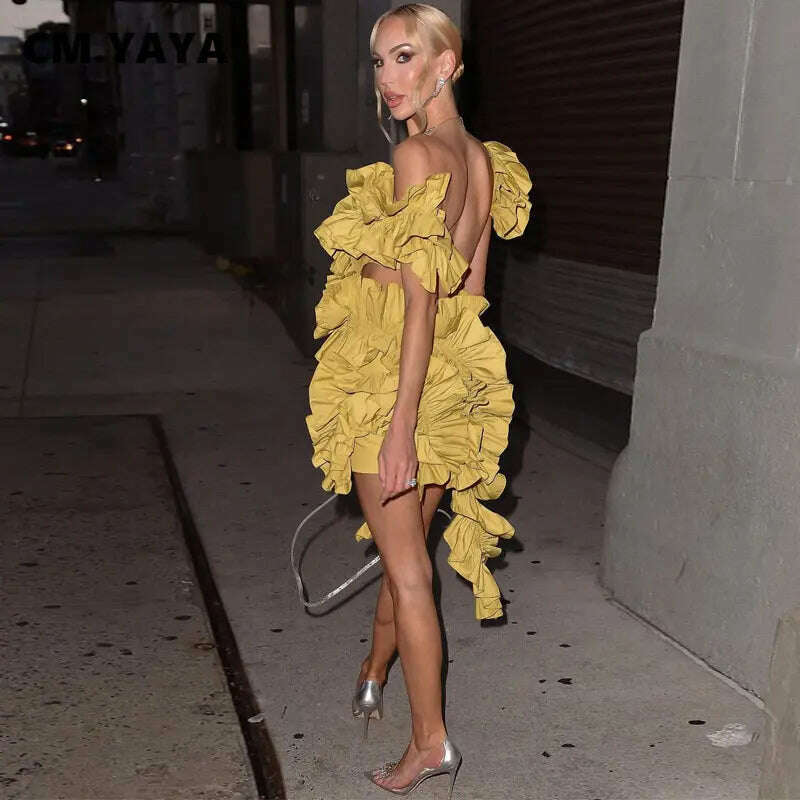 CM.YAYA Women Edible Tree Fungus Tierred High Low Asymmetrical Ball Gown Dress 2023 Sexy Club Party Evening High Street Dresses - KIMLUD