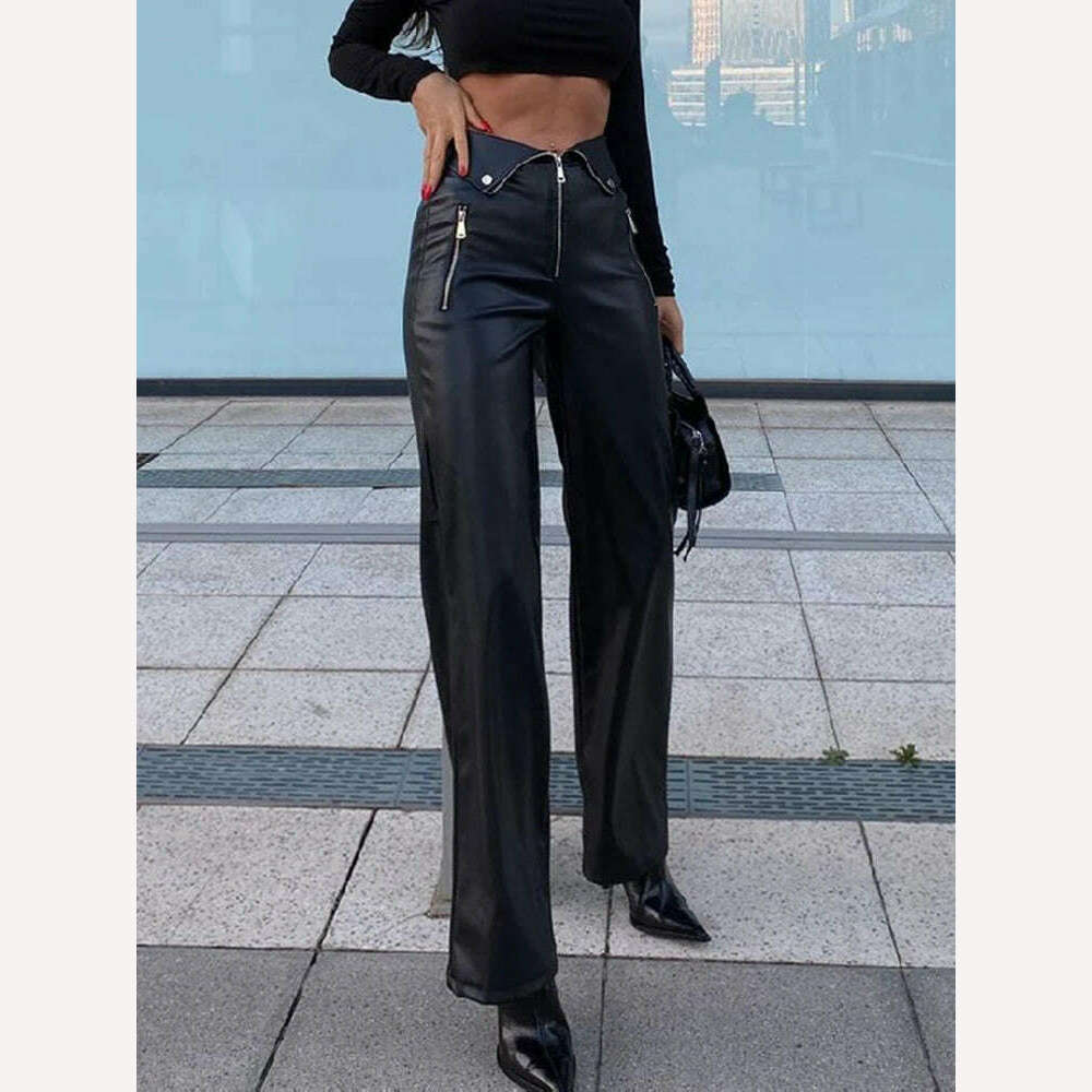 Cryptographic PU Leather Zip Up High Rise Pants Club Party Casual Chic Straight Leg Pants for Women Trousers Pant Gothic Loose - KIMLUD