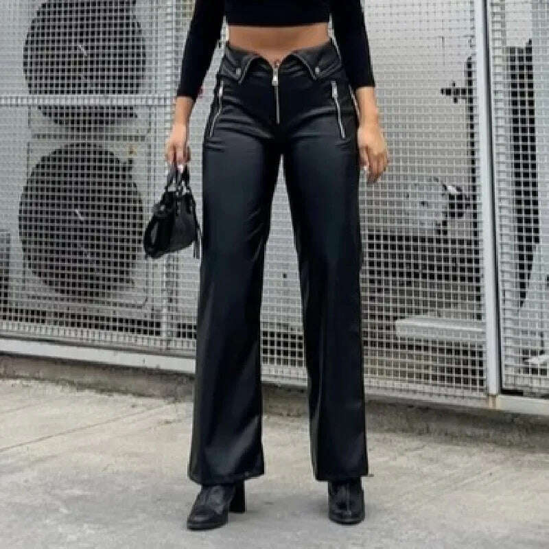 Cryptographic PU Leather Zip Up High Rise Pants Club Party Casual Chic Straight Leg Pants for Women Trousers Pant Gothic Loose - KIMLUD