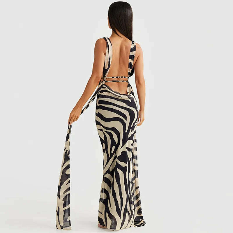 Cryptographic Zebra Stripes Halter Backless Bandage Maxi Dress for Women Party Outfits Draped V Neck Sexy Gown Dresses Birthday - KIMLUD