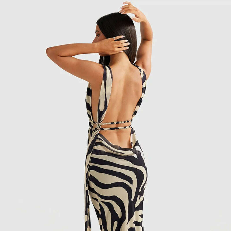 Cryptographic Zebra Stripes Halter Backless Bandage Maxi Dress for Women Party Outfits Draped V Neck Sexy Gown Dresses Birthday - KIMLUD