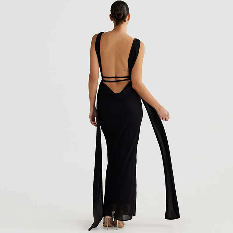 Cryptographic Zebra Stripes Halter Backless Bandage Maxi Dress for Women Party Outfits Draped V Neck Sexy Gown Dresses Birthday - KIMLUD