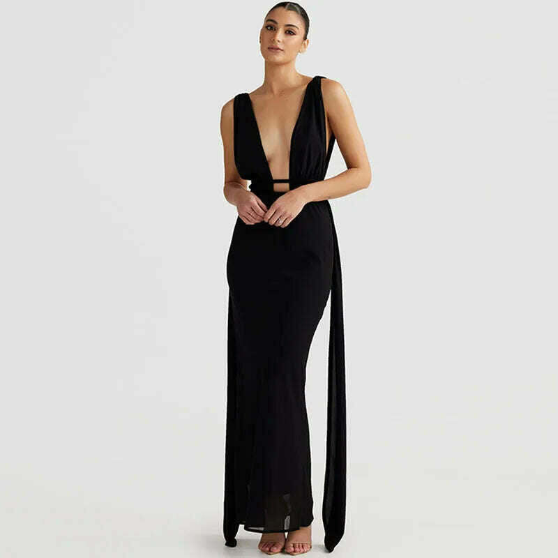 Cryptographic Zebra Stripes Halter Backless Bandage Maxi Dress for Women Party Outfits Draped V Neck Sexy Gown Dresses Birthday - KIMLUD