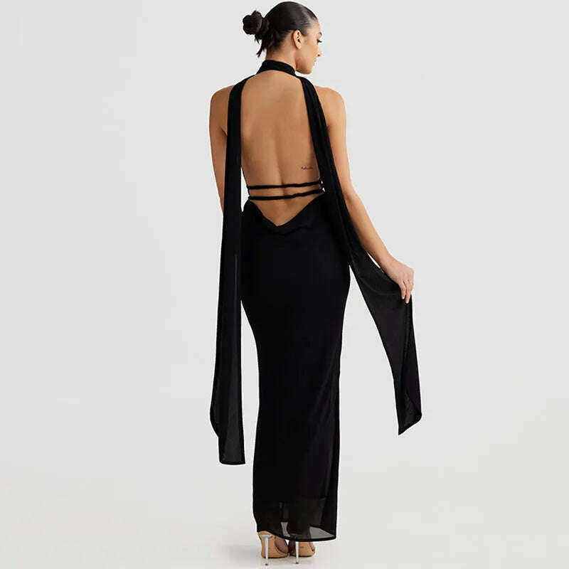 Cryptographic Zebra Stripes Halter Backless Bandage Maxi Dress for Women Party Outfits Draped V Neck Sexy Gown Dresses Birthday - KIMLUD
