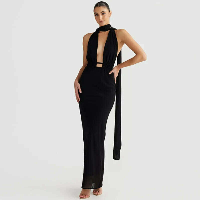 Cryptographic Zebra Stripes Halter Backless Bandage Maxi Dress for Women Party Outfits Draped V Neck Sexy Gown Dresses Birthday - KIMLUD