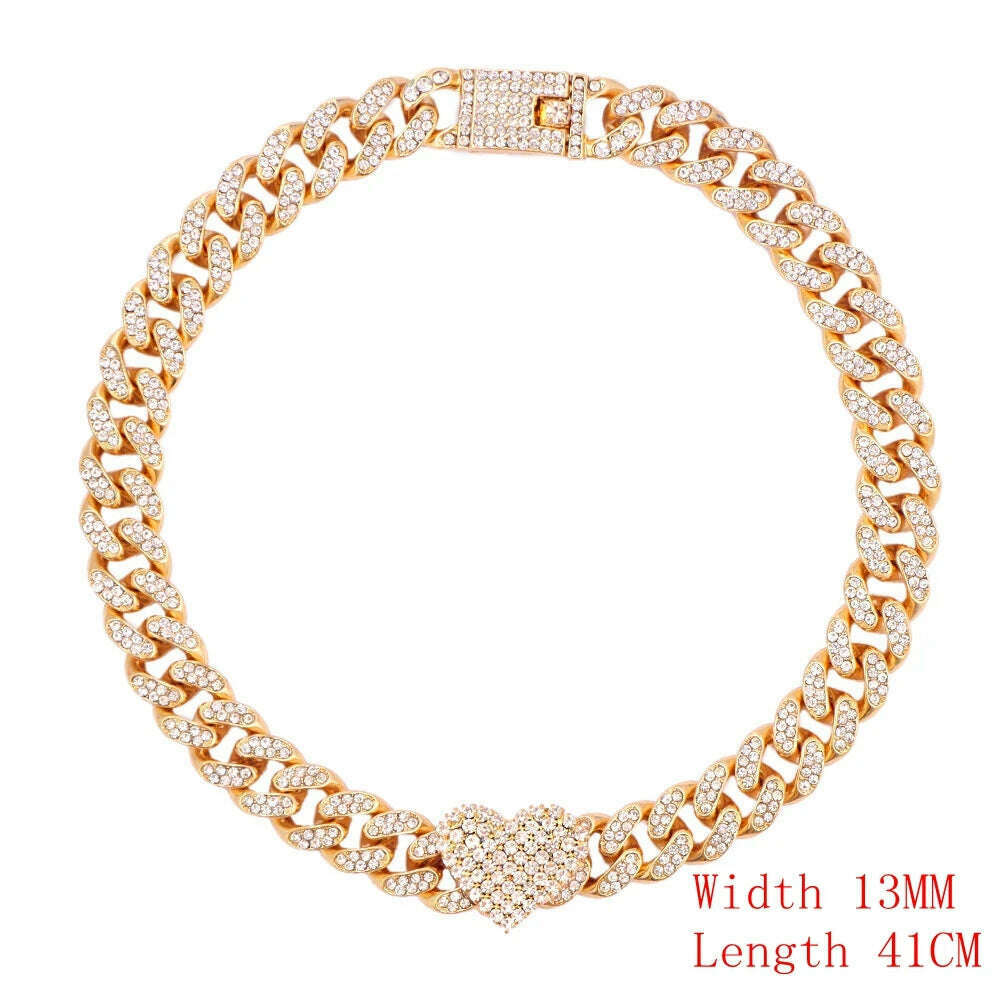 KIMLUD, Crystal Heart Cuban Link Chain Necklace for Women 15mm Bling Full Rhinestones Paved Heart Tennis Chain Necklace Hip Hop Jewelry, A070001GD, KIMLUD APPAREL - Womens Clothes