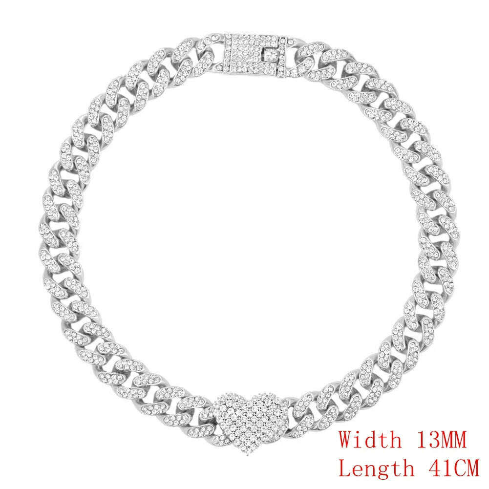 KIMLUD, Crystal Heart Cuban Link Chain Necklace for Women 15mm Bling Full Rhinestones Paved Heart Tennis Chain Necklace Hip Hop Jewelry, A070002SL, KIMLUD APPAREL - Womens Clothes