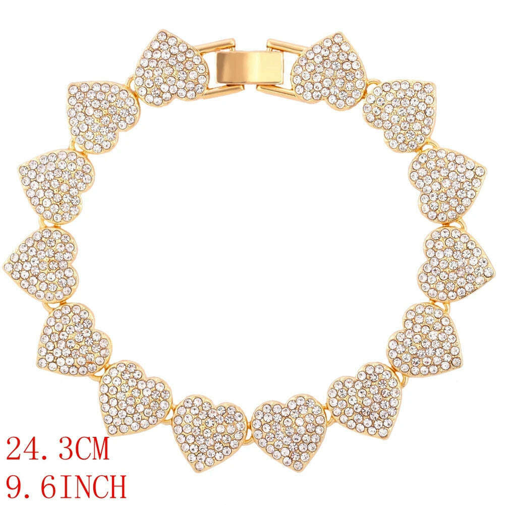 KIMLUD, Crystal Heart Cuban Link Chain Necklace for Women 15mm Bling Full Rhinestones Paved Heart Tennis Chain Necklace Hip Hop Jewelry, J018601GD, KIMLUD APPAREL - Womens Clothes