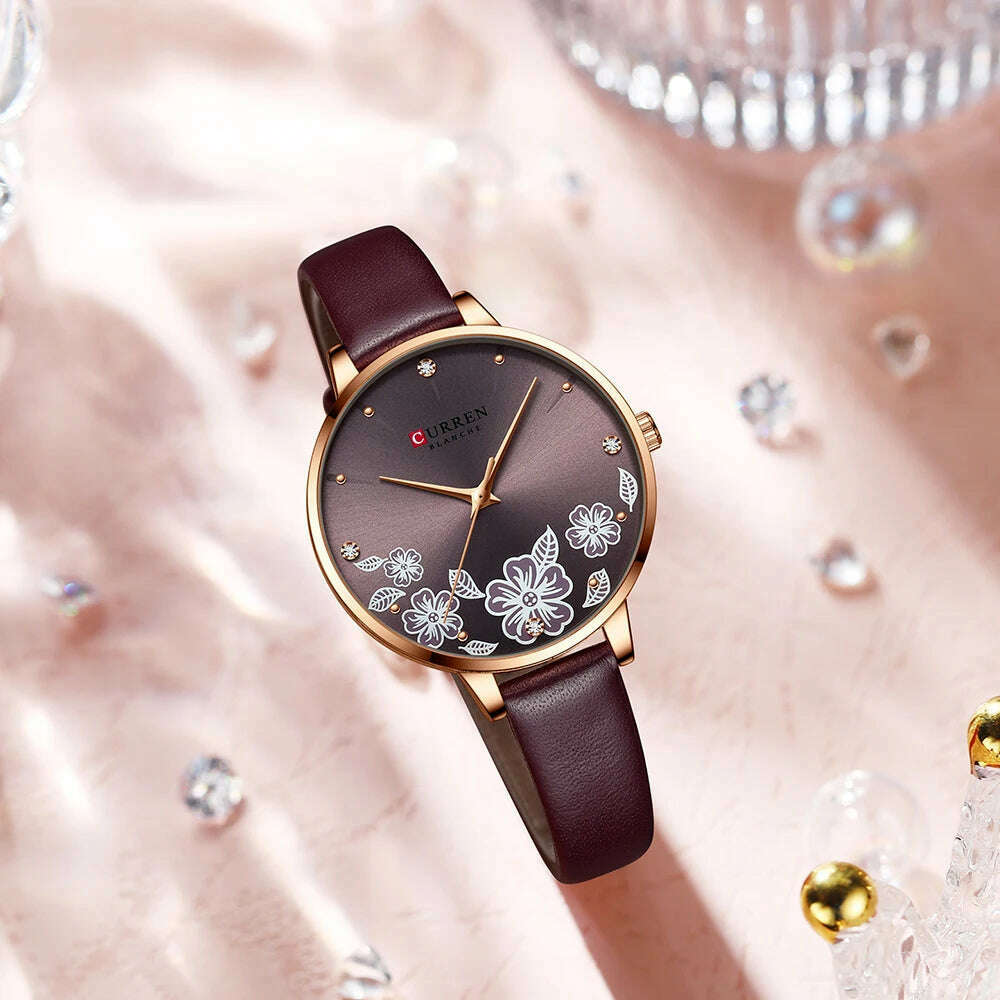 KIMLUD, CURREN Watches Women Brand Leather Quartz Wristwatches Luxury Design Clock for Ladies Charm Flowers Dial Montre Femme, KIMLUD Womens Clothes
