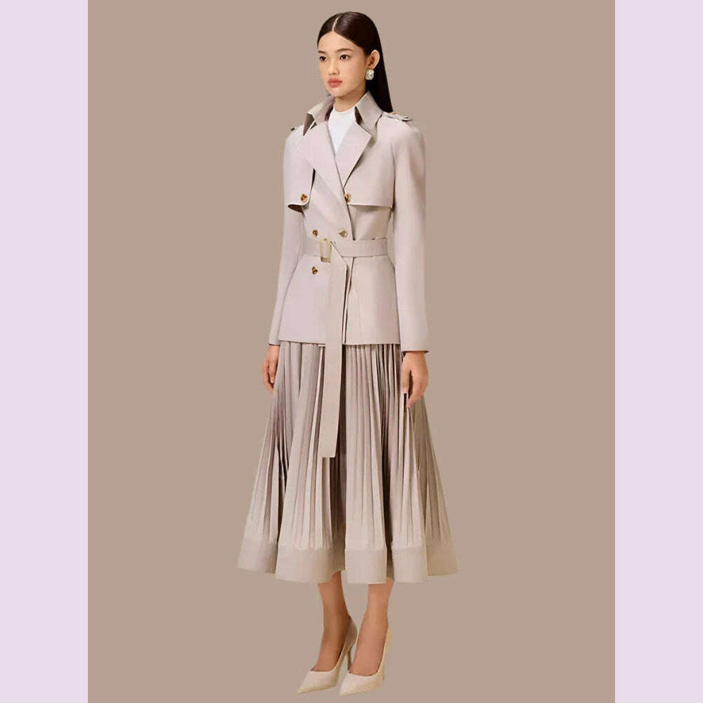 DEAT 2 Pcs Set Notched Collar Double Breasted Belt Waist Trench Coat Pleated A-line Skirt Women's Suit 2024 Spring New Fashion - KIMLUD