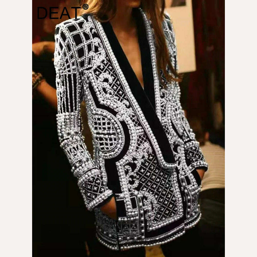 DEAT 2022 Autumn And Autumn New Fashion fit V-Neck Patchwork Long Sleeve Thickened Suit Top Printed Women's Coat - KIMLUD