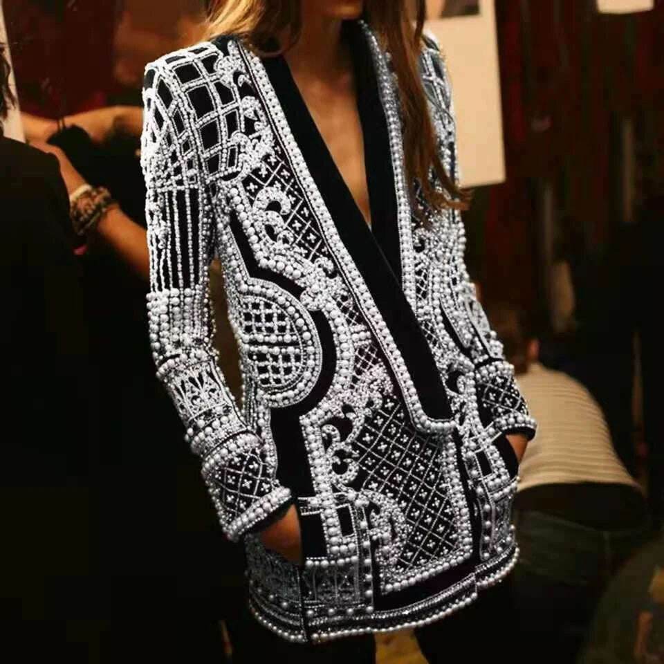 DEAT 2022 Autumn And Autumn New Fashion fit V-Neck Patchwork Long Sleeve Thickened Suit Top Printed Women's Coat - KIMLUD