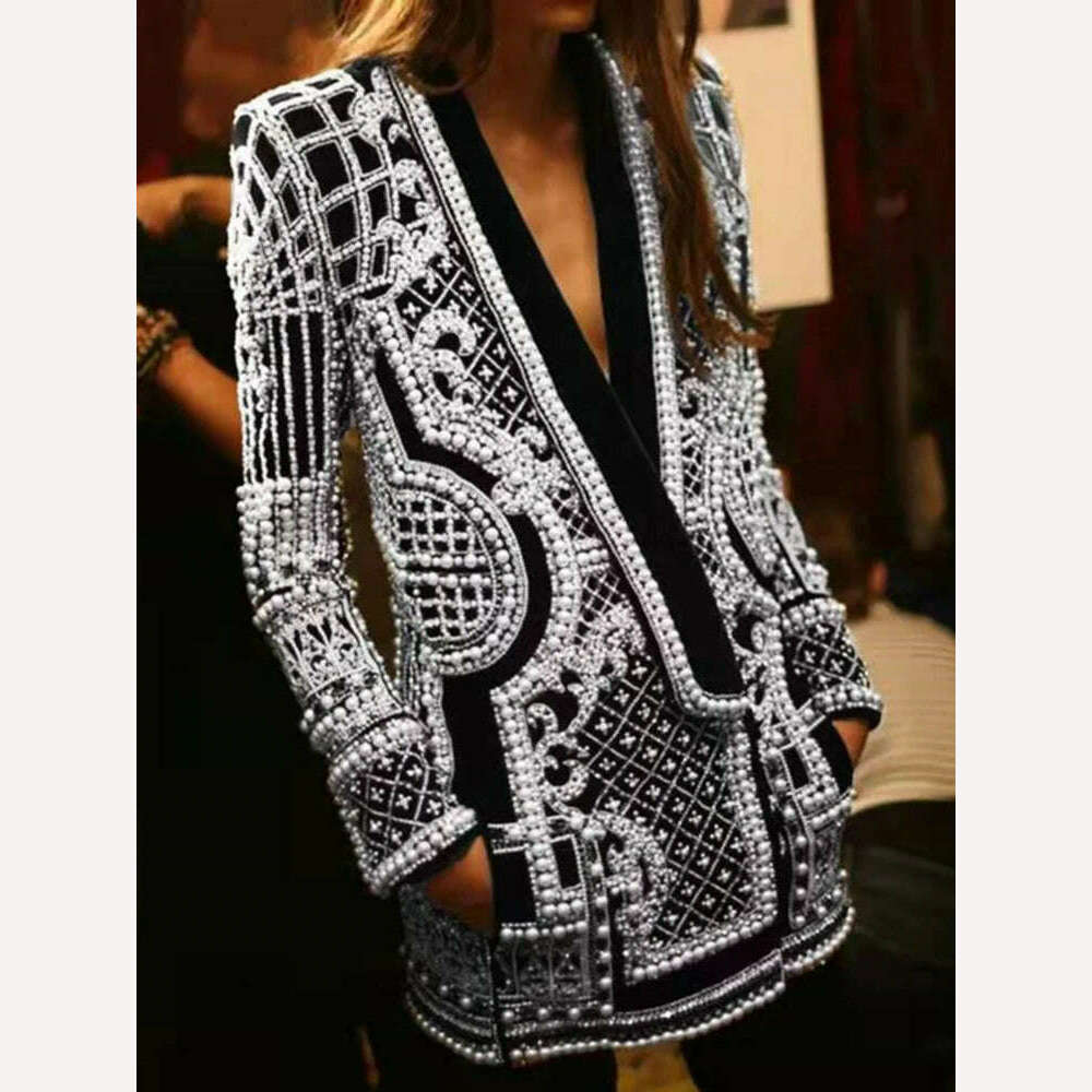 DEAT 2022 Autumn And Autumn New Fashion fit V-Neck Patchwork Long Sleeve Thickened Suit Top Printed Women's Coat - KIMLUD