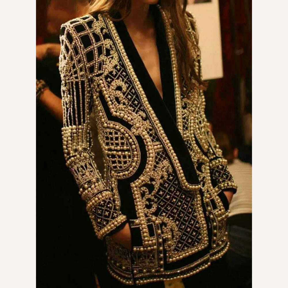 DEAT 2022 Autumn And Autumn New Fashion fit V-Neck Patchwork Long Sleeve Thickened Suit Top Printed Women's Coat - KIMLUD