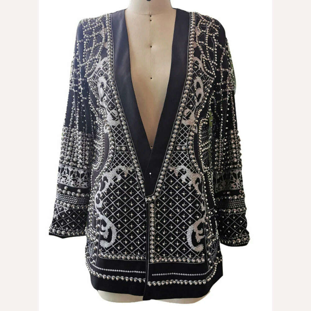 DEAT 2022 Autumn And Autumn New Fashion fit V-Neck Patchwork Long Sleeve Thickened Suit Top Printed Women's Coat - KIMLUD