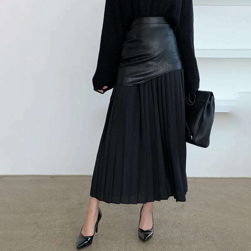 KIMLUD, DEAT 2024 White Long Autumn Leather Patchwork A-line Wrap Hip Temperament New Fashion Women's Pleated Skirt 7Z206, KIMLUD Womens Clothes