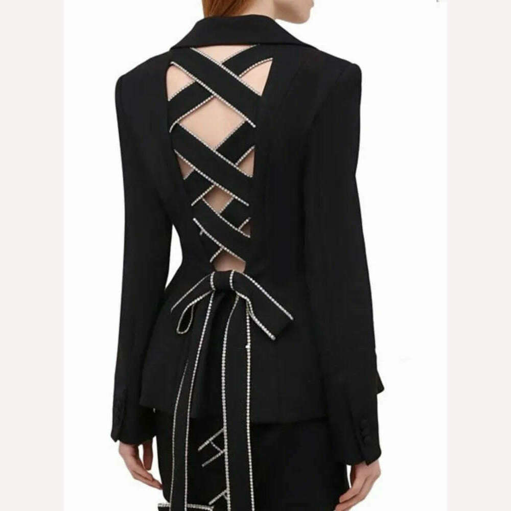 DEAT Diamond Hollow Out Bow Tie Women's Blazer New Notched Single-breasted Slim Suit Jacket Fashion Tide Autumn 2023 19D7376 - KIMLUD