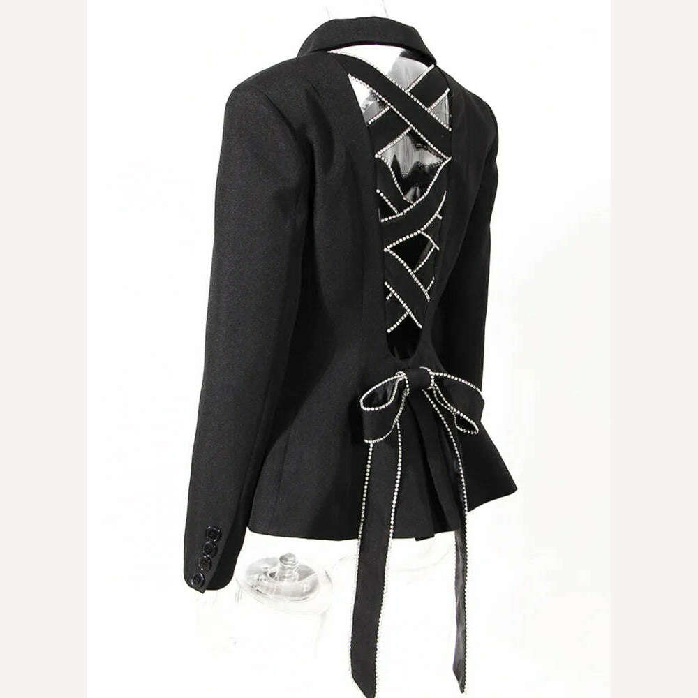 DEAT Diamond Hollow Out Bow Tie Women's Blazer New Notched Single-breasted Slim Suit Jacket Fashion Tide Autumn 2023 19D7376 - KIMLUD