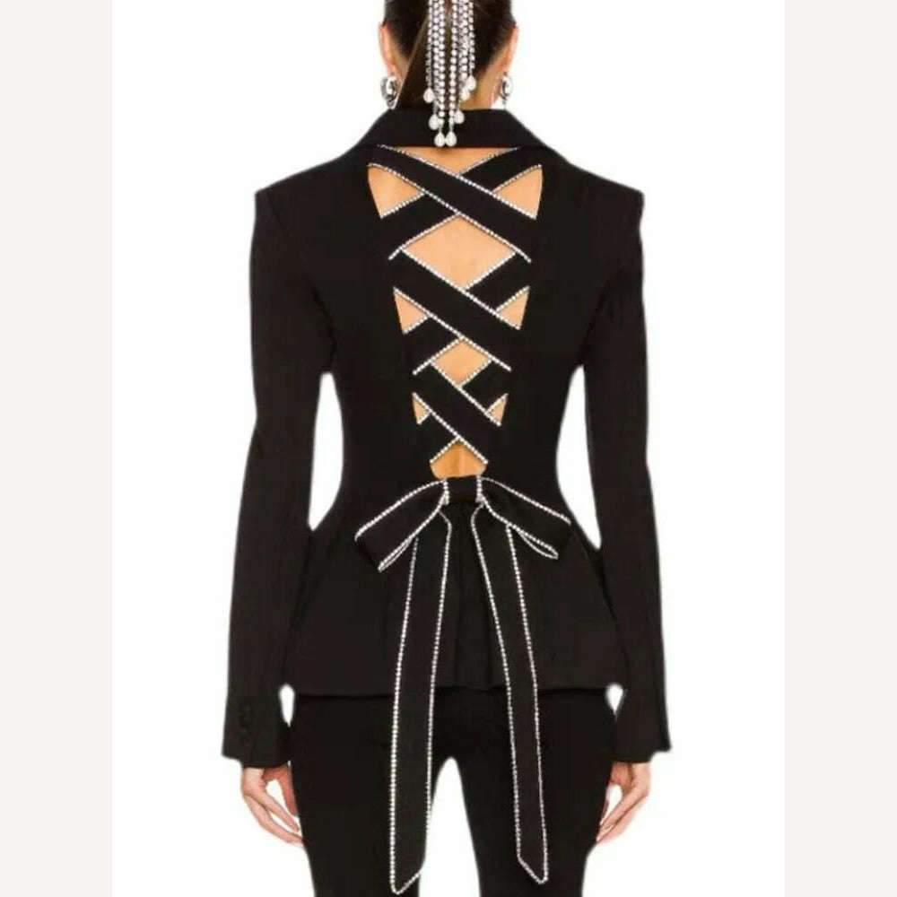 DEAT Diamond Hollow Out Bow Tie Women's Blazer New Notched Single-breasted Slim Suit Jacket Fashion Tide Autumn 2023 19D7376 - KIMLUD
