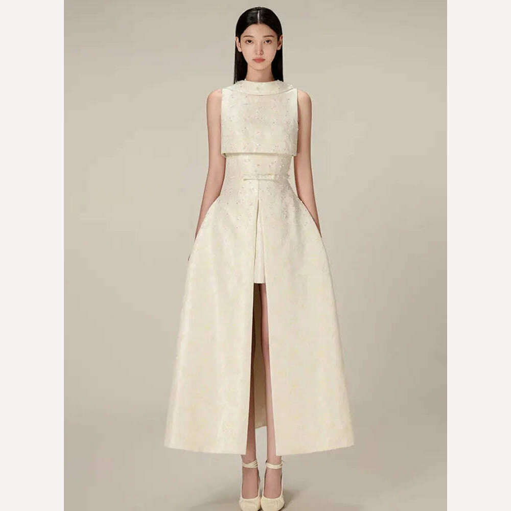 DEAT Elegant Dress Backless Sleeveless High Split Jacquard Sequins Waist Women's Long Dresses 2024 Spring New Fashion 13DB4582 - KIMLUD