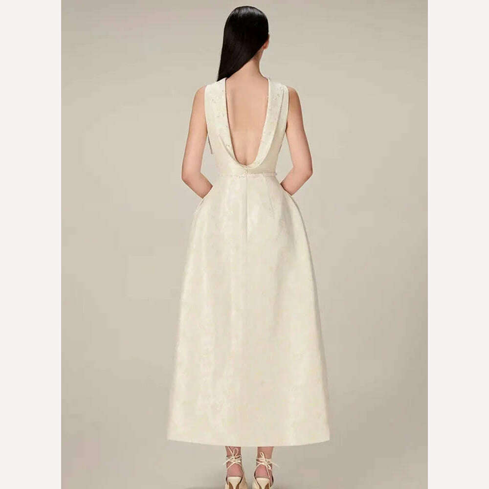 DEAT Elegant Dress Backless Sleeveless High Split Jacquard Sequins Waist Women's Long Dresses 2024 Spring New Fashion 13DB4582 - KIMLUD