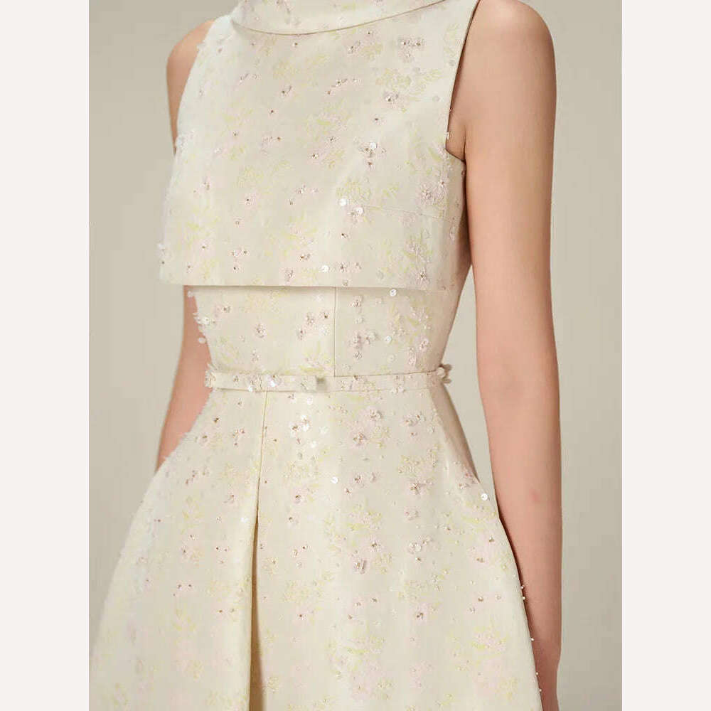 DEAT Elegant Dress Backless Sleeveless High Split Jacquard Sequins Waist Women's Long Dresses 2024 Spring New Fashion 13DB4582 - KIMLUD