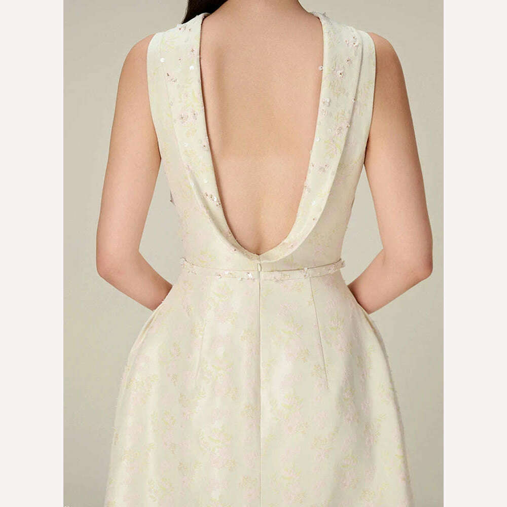 DEAT Elegant Dress Backless Sleeveless High Split Jacquard Sequins Waist Women's Long Dresses 2024 Spring New Fashion 13DB4582 - KIMLUD