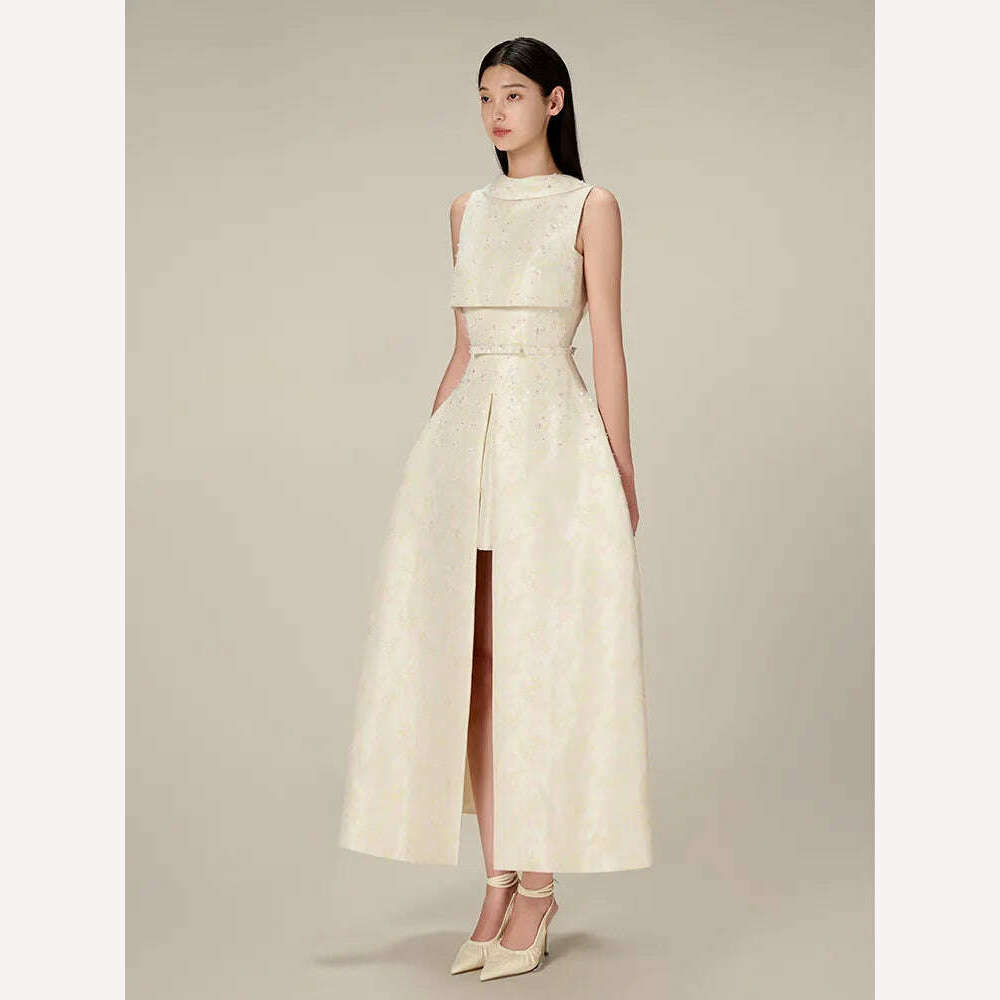 DEAT Elegant Dress Backless Sleeveless High Split Jacquard Sequins Waist Women's Long Dresses 2024 Spring New Fashion 13DB4582 - KIMLUD