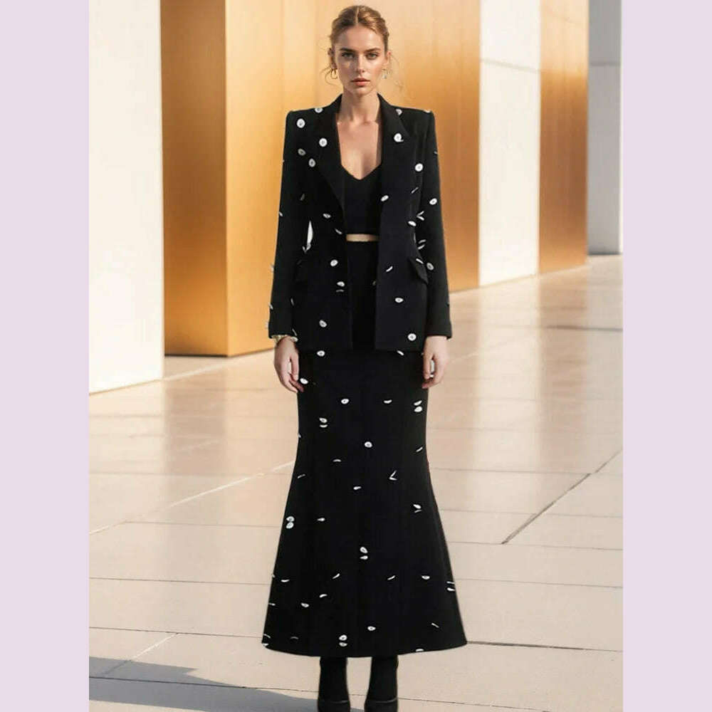 DEAT Fashion Women 2 Pcs Set Blazer Contrast Color Sequin Decorate Slim Hip Wrapping Fishtail Skirt Suit Autumn 2024 New 7AB4672 - KIMLUD