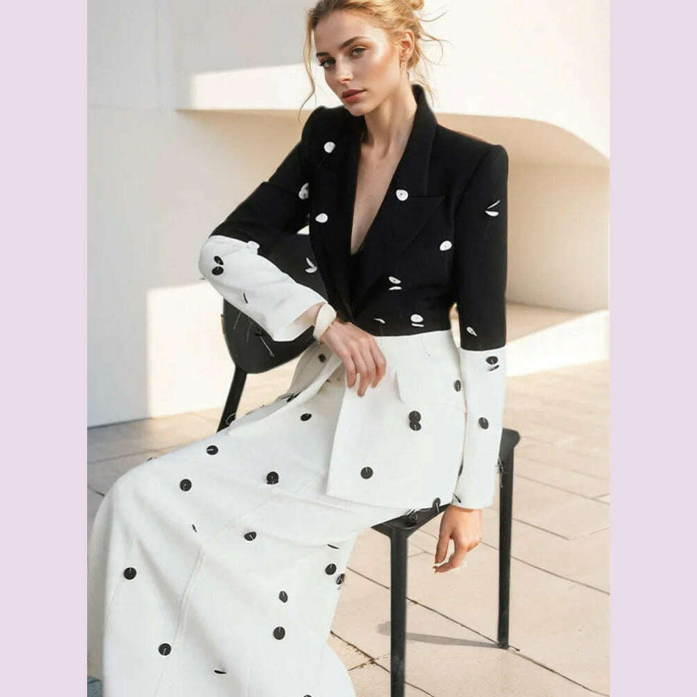 DEAT Fashion Women 2 Pcs Set Blazer Contrast Color Sequin Decorate Slim Hip Wrapping Fishtail Skirt Suit Autumn 2024 New 7AB4672 - KIMLUD