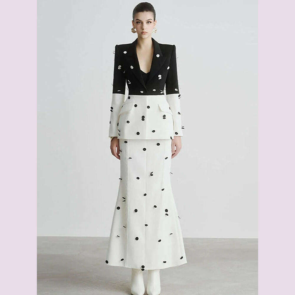 DEAT Fashion Women 2 Pcs Set Blazer Contrast Color Sequin Decorate Slim Hip Wrapping Fishtail Skirt Suit Autumn 2024 New 7AB4672 - KIMLUD