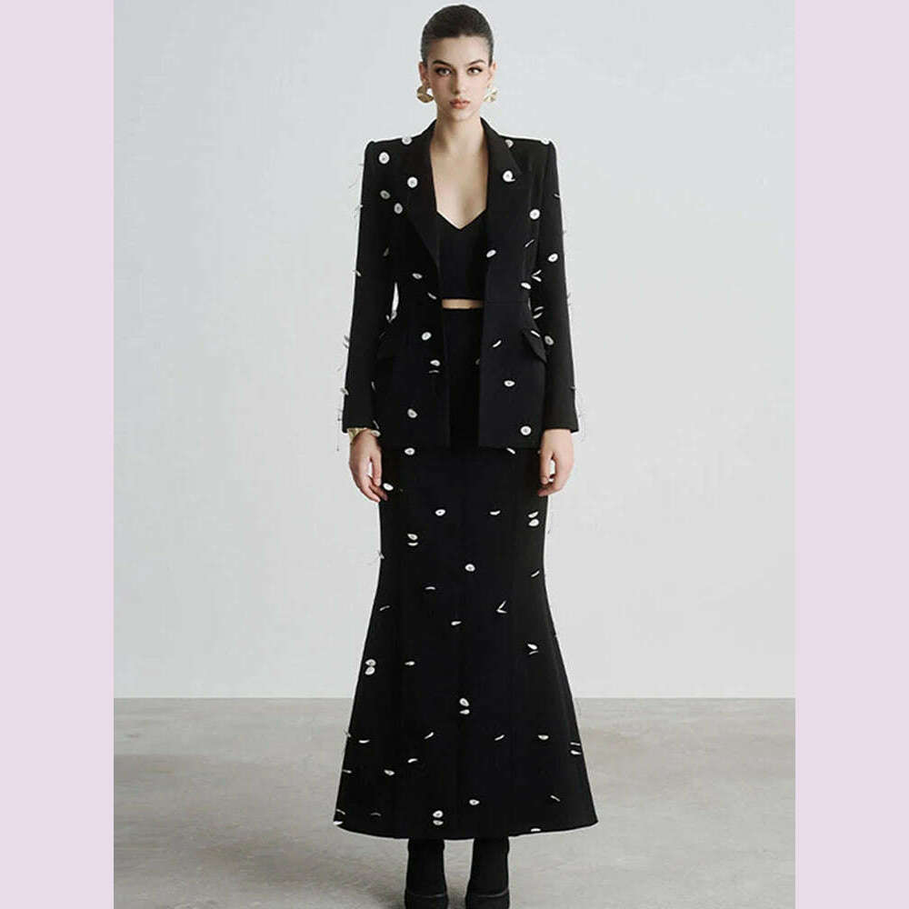 DEAT Fashion Women 2 Pcs Set Blazer Contrast Color Sequin Decorate Slim Hip Wrapping Fishtail Skirt Suit Autumn 2024 New 7AB4672 - KIMLUD