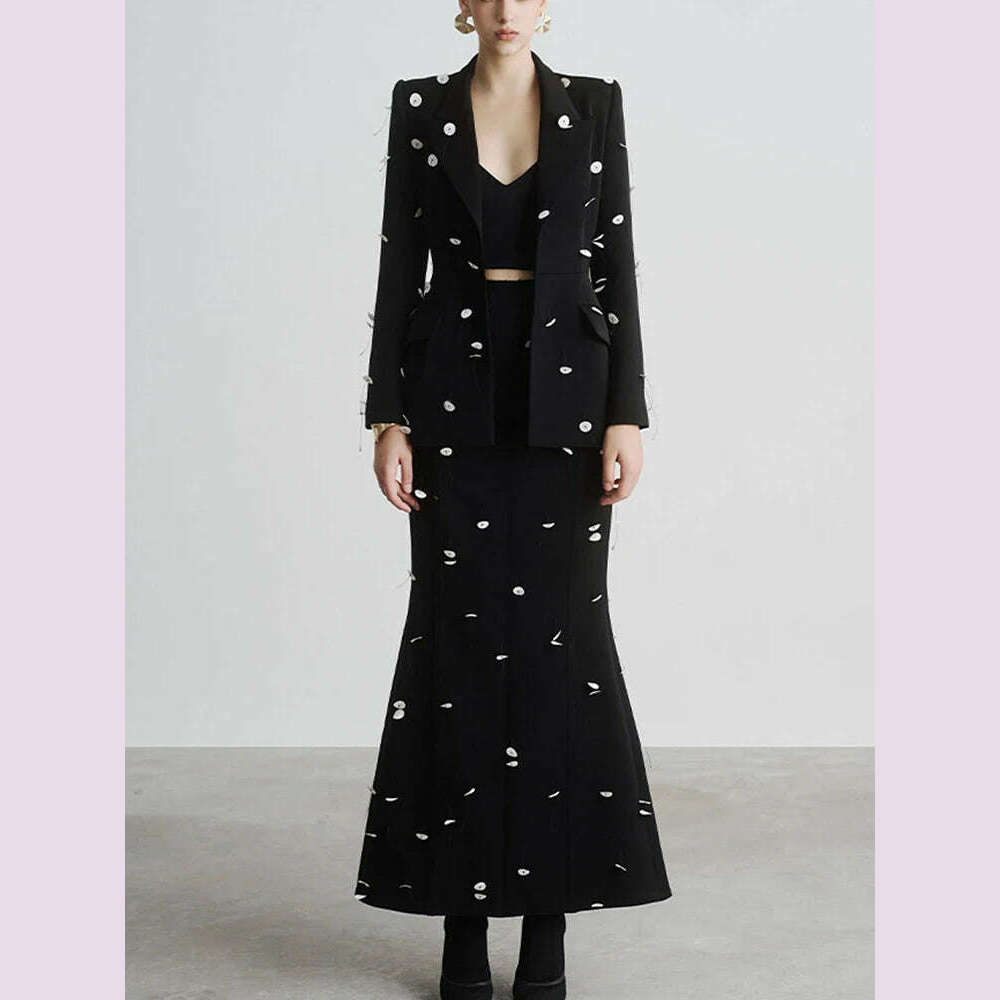 DEAT Fashion Women 2 Pcs Set Blazer Contrast Color Sequin Decorate Slim Hip Wrapping Fishtail Skirt Suit Autumn 2024 New 7AB4672 - KIMLUD