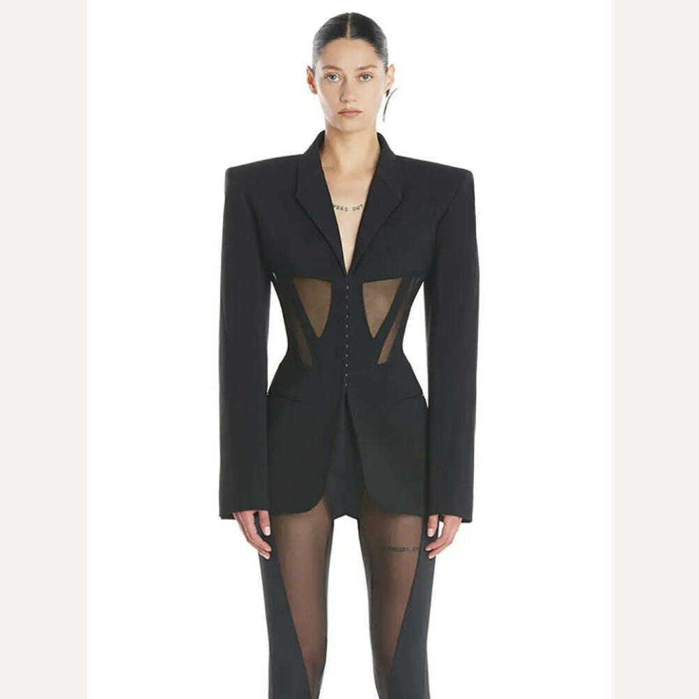 DEAT Fashion Women Blazer Notched Collar Full Sleeve Hidden Breasted Lace Patchwork Waist Black Jacket Autumn 2024 New 17A8211 - KIMLUD